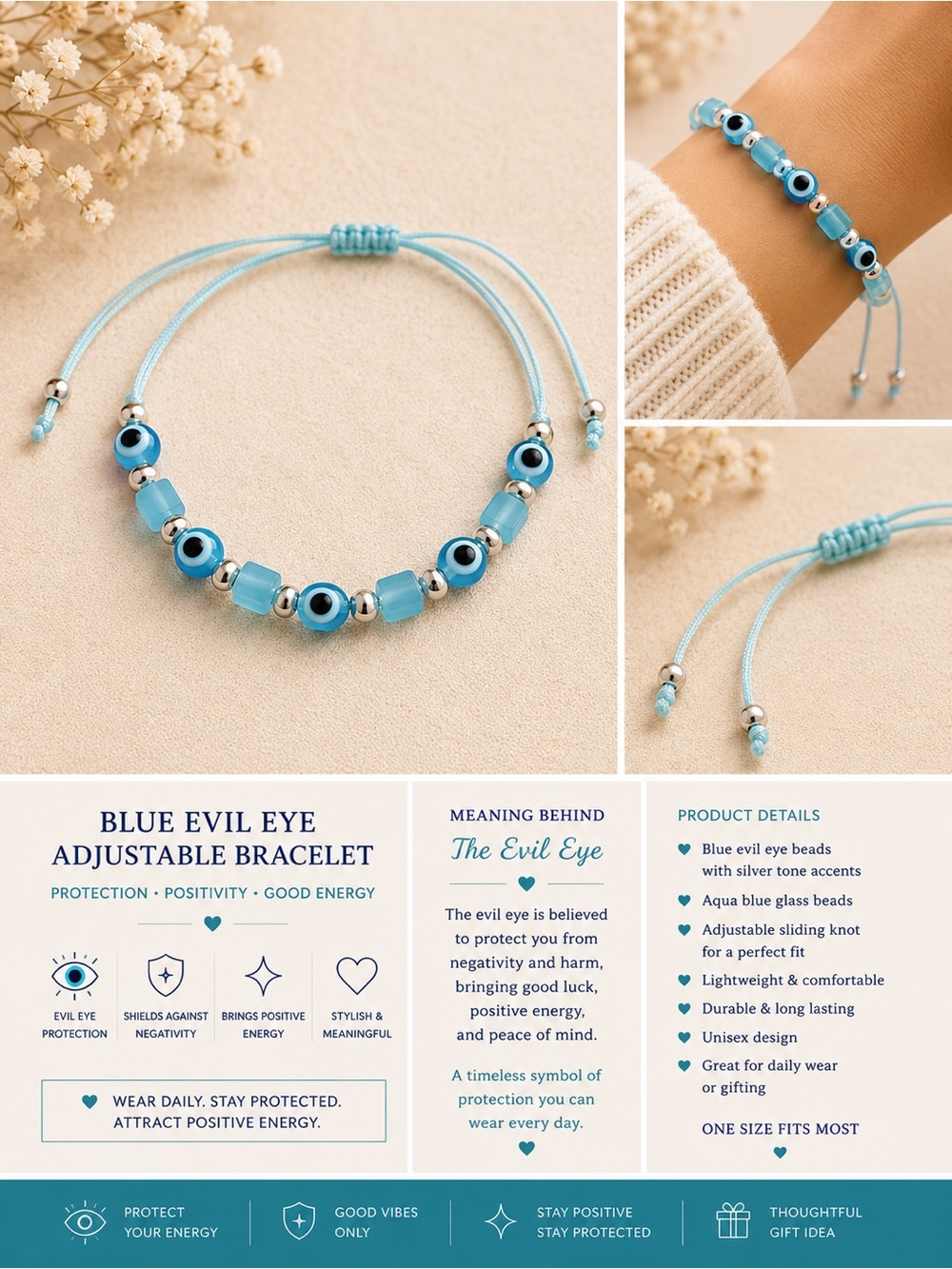 Blue Evil Eye Adjustable Bracelet - Unbranded